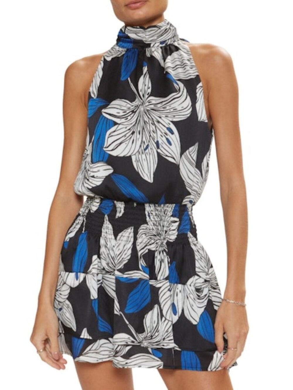 Ramy Brook Dani High Neck Mini Dress - Black Lapis Floral